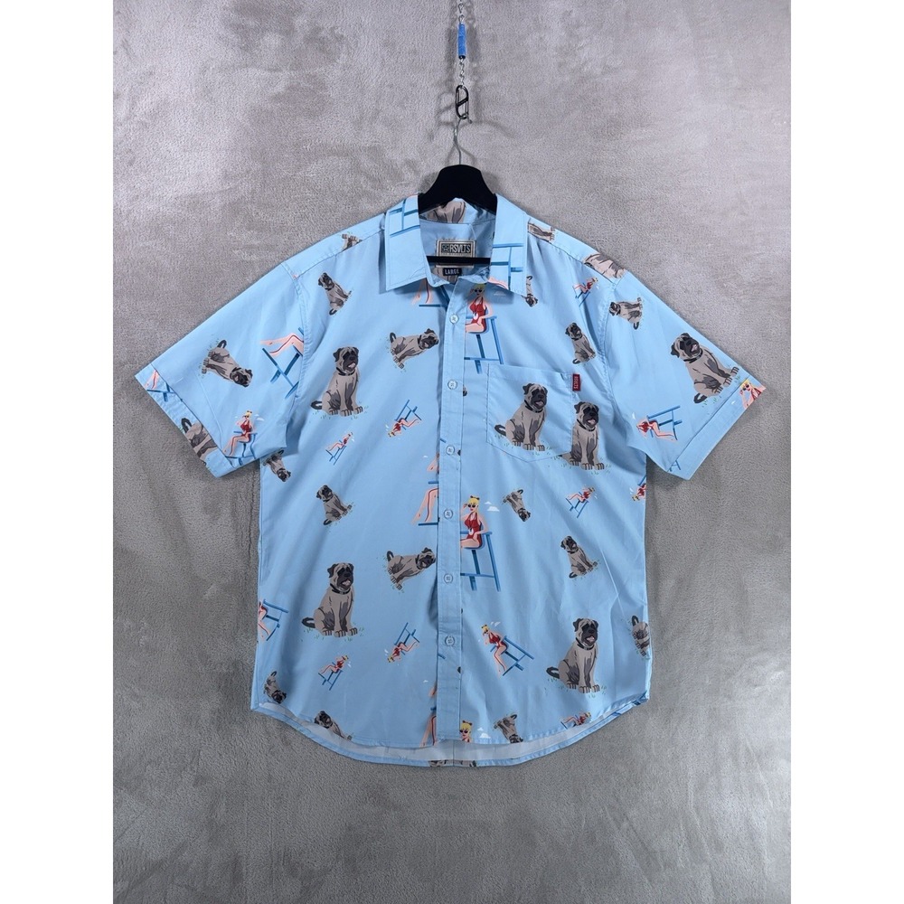 RSVLTS The Sandlot Kunuflex Shirt Mens Large Blue Graphic Retro Button Down